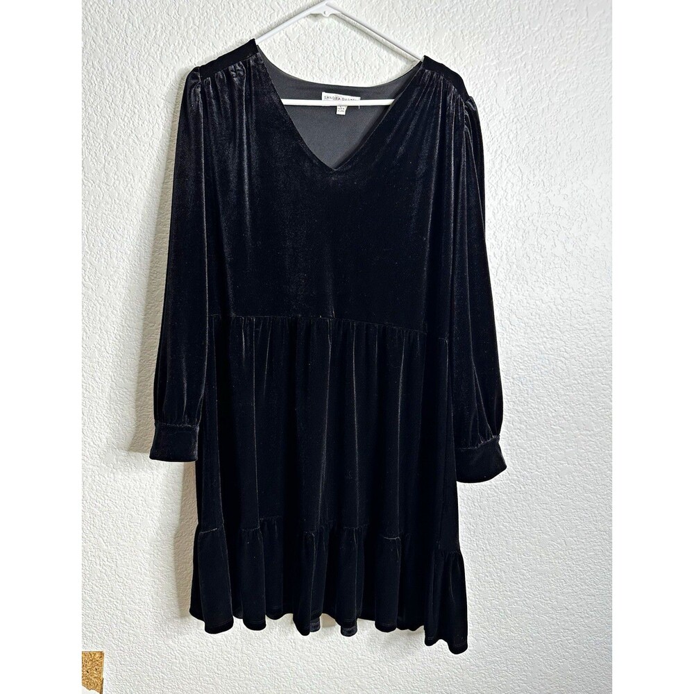 Sandra Darren Womens L Black Velvet V-Neck Puff Long Sleeve Tiered A-Line Dress